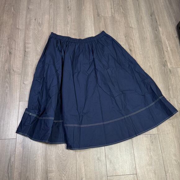 J.Crew Midi Skirt WMNS 20 Plus Navy Contrast Stitch Cotton Poplin Elastic Waist - Picture 5 of 7